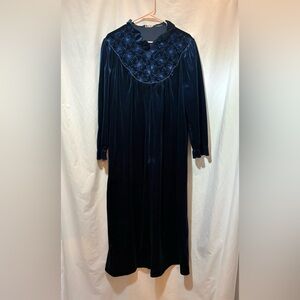 Velvet Long Sleeve Maxi Nightgown with Embroidered Yoke and Zipper